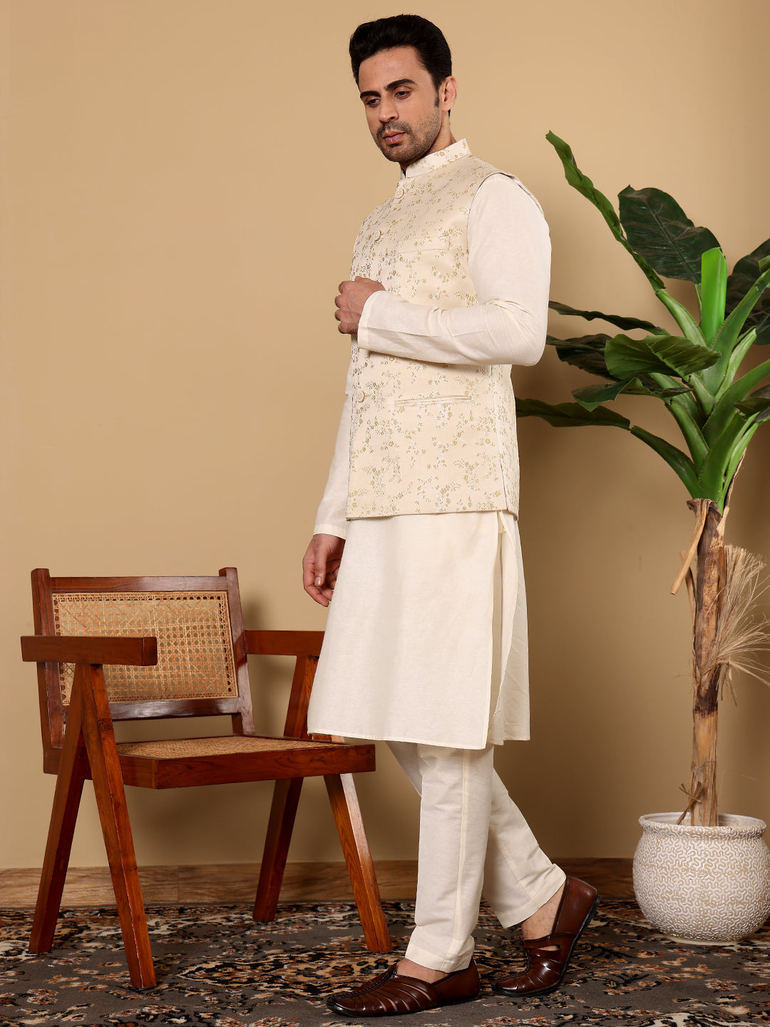 Men's Full Sleeve Ivory Kurta Pyjama & Cream Embroidered Nehru Jacket | SHOBITAM