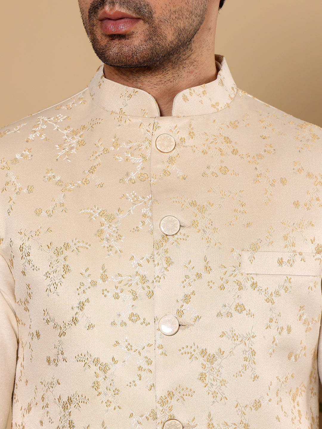 Men's Full Sleeve Ivory Kurta Pyjama & Cream Embroidered Nehru Jacket | SHOBITAM