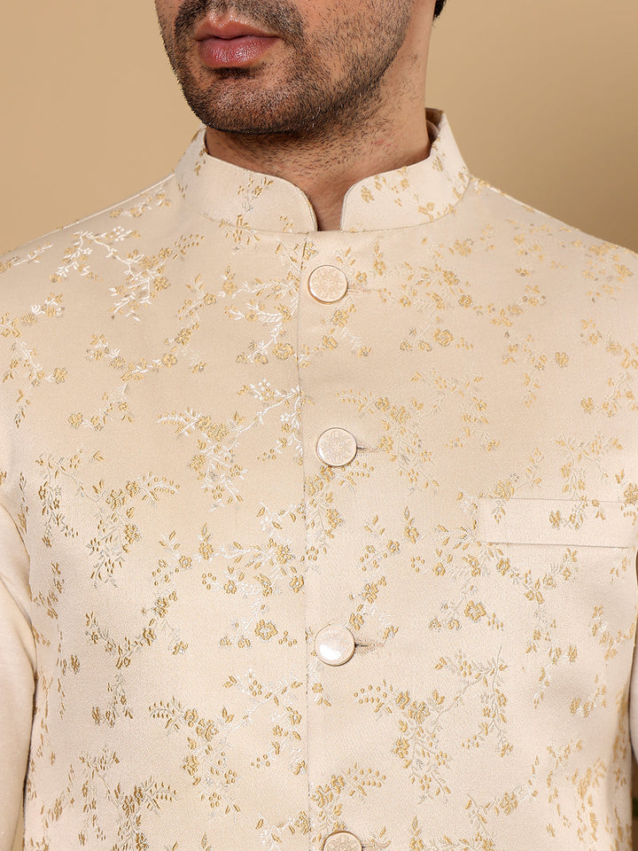 Men's Full Sleeve Ivory Kurta Pyjama & Cream Embroidered Nehru Jacket | SHOBITAM