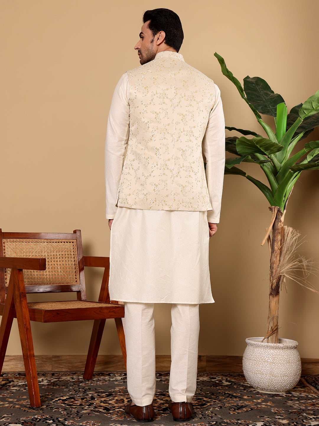 Men's Full Sleeve Ivory Kurta Pyjama & Cream Embroidered Nehru Jacket | SHOBITAM