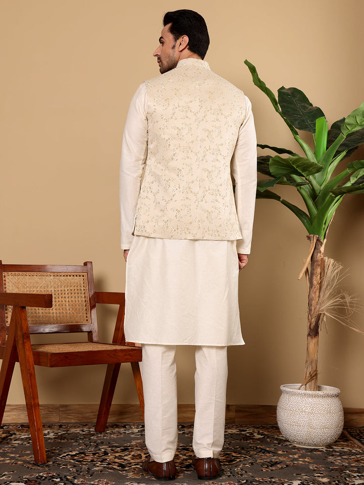 Men's Full Sleeve Ivory Kurta Pyjama & Cream Embroidered Nehru Jacket | SHOBITAM