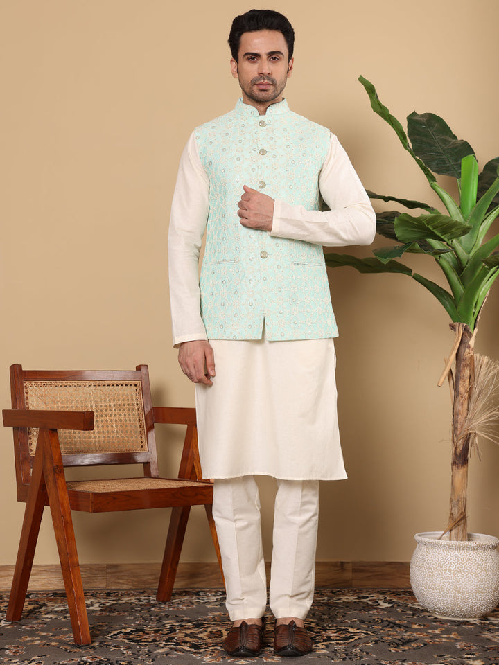 Men's Full Sleeve Ivory Kurta Pyjama & Green Embroidered Nehru Jacket | SHOBITAM