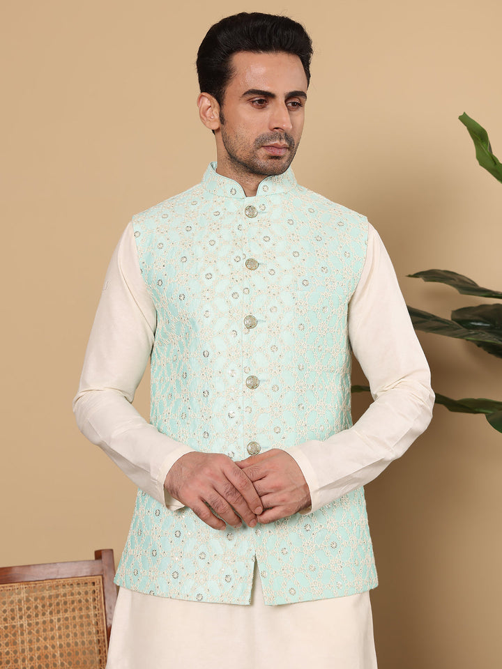 Men's Full Sleeve Ivory Kurta Pyjama & Green Embroidered Nehru Jacket | SHOBITAM