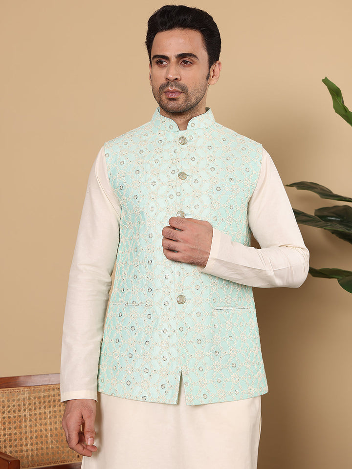 Men's Full Sleeve Ivory Kurta Pyjama & Green Embroidered Nehru Jacket | SHOBITAM
