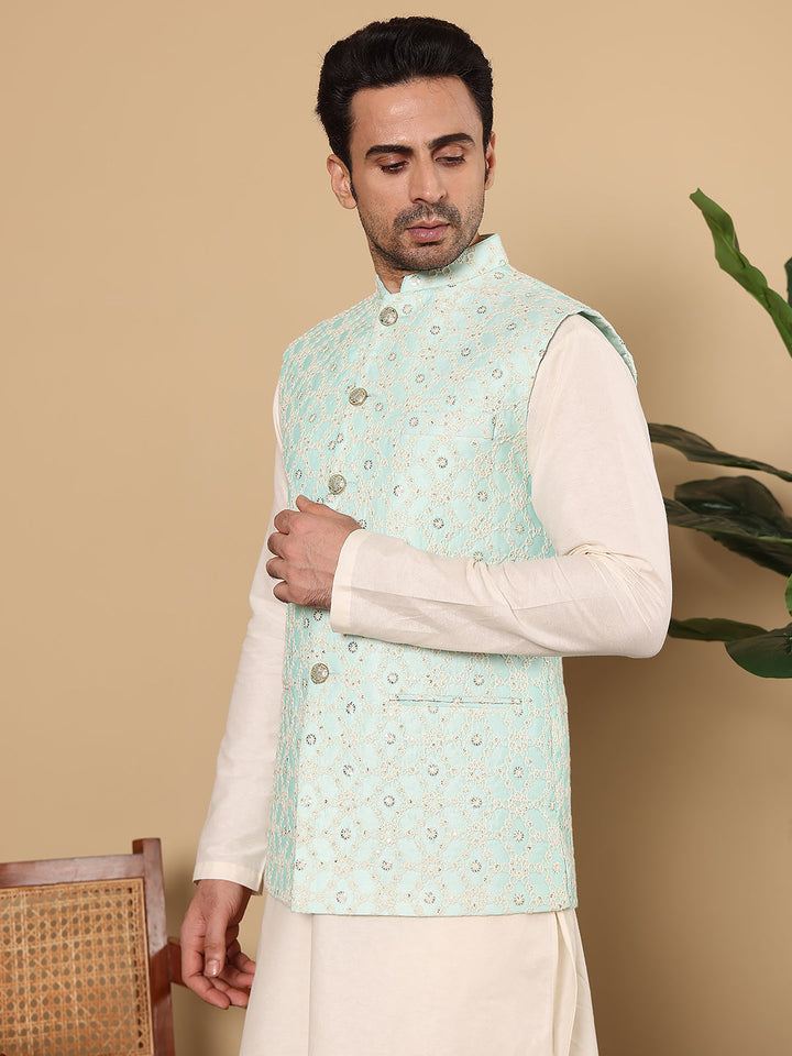 Men's Full Sleeve Ivory Kurta Pyjama & Green Embroidered Nehru Jacket | SHOBITAM