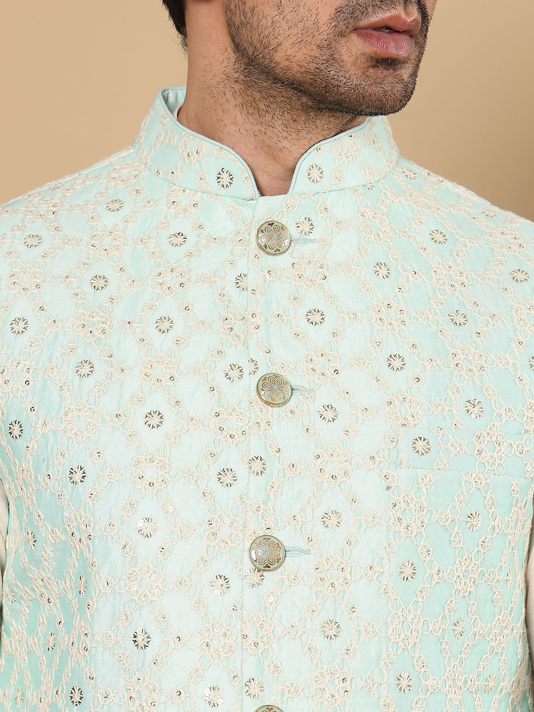 Men's Full Sleeve Ivory Kurta Pyjama & Green Embroidered Nehru Jacket | SHOBITAM