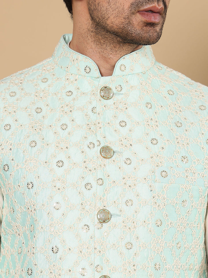 Men's Full Sleeve Ivory Kurta Pyjama & Green Embroidered Nehru Jacket | SHOBITAM