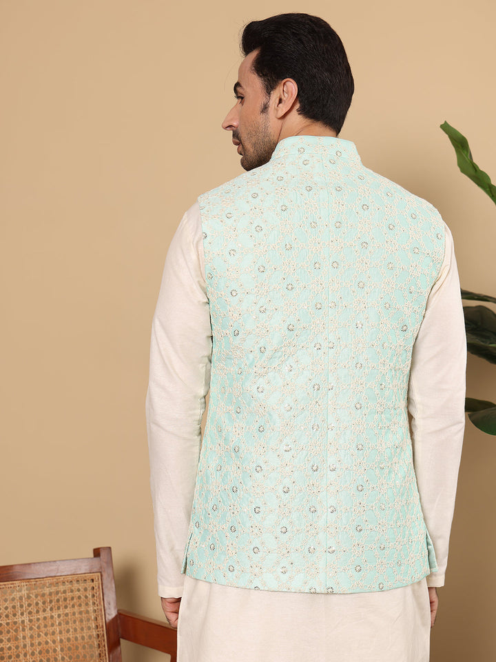 Men's Full Sleeve Ivory Kurta Pyjama & Green Embroidered Nehru Jacket | SHOBITAM