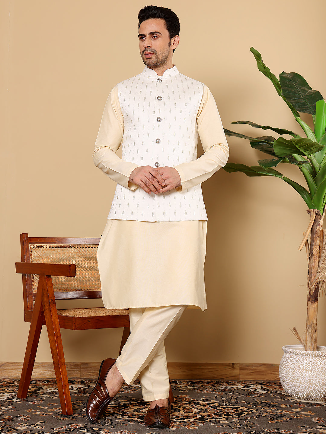 Men's Full Sleeve Cream Kurta Pyjama & White Embroidered Nehru Jacket | SHOBITAM