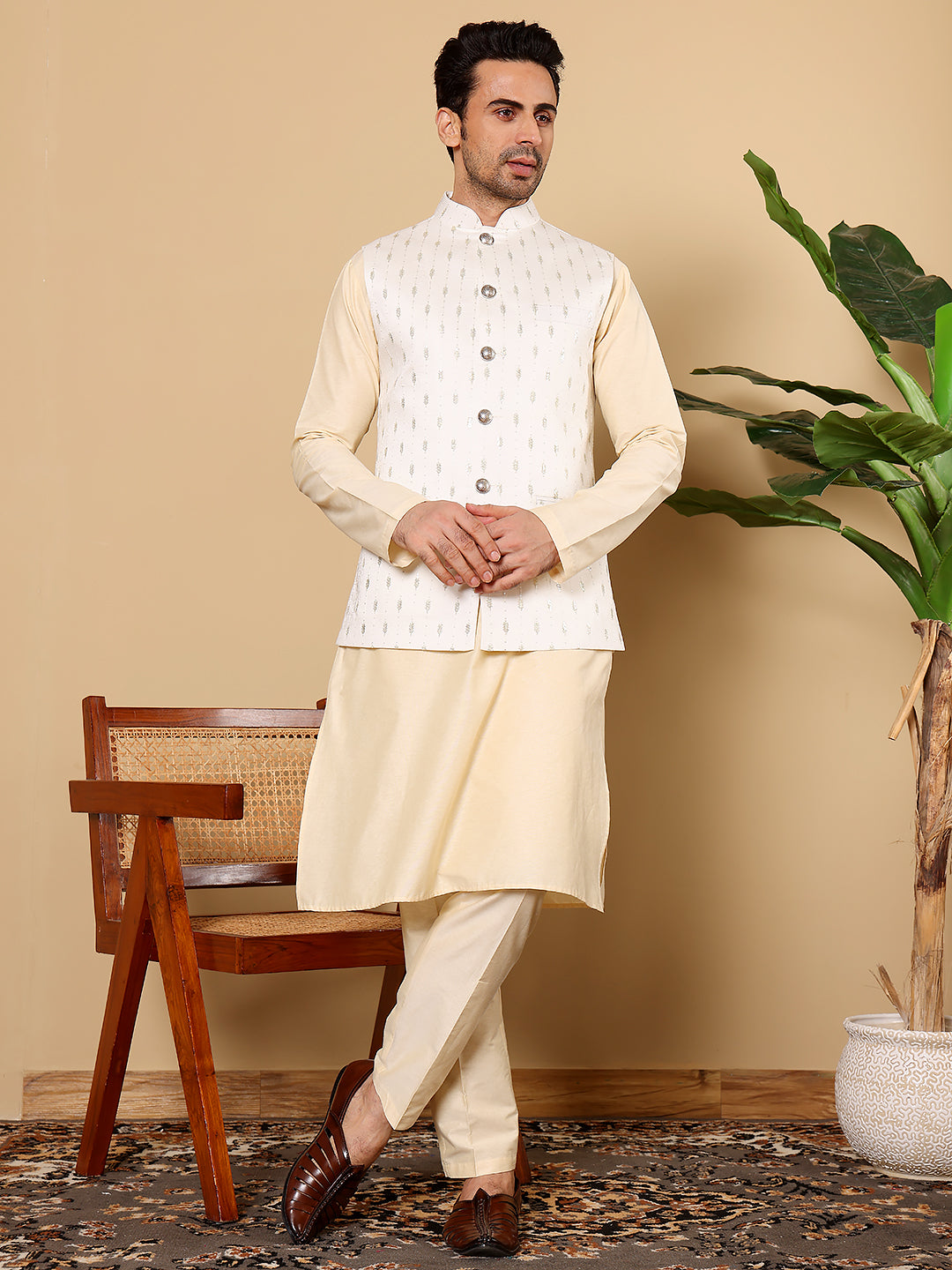 Men's Full Sleeve Cream Kurta Pyjama & White Embroidered Nehru Jacket | SHOBITAM