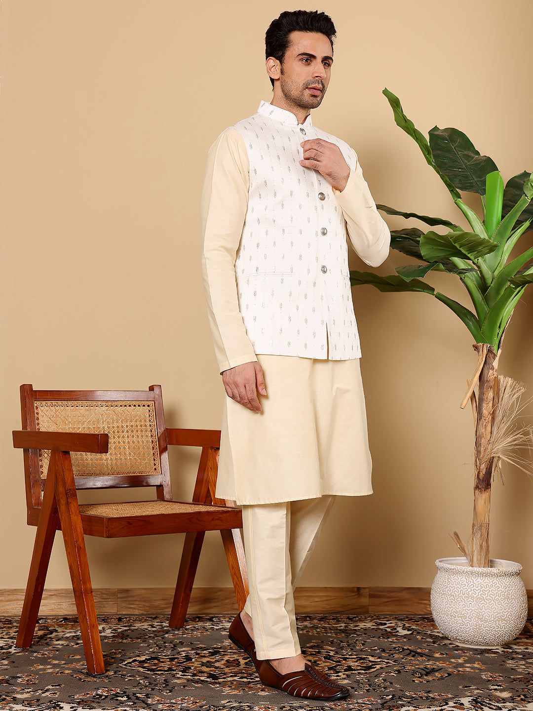 Men's Full Sleeve Cream Kurta Pyjama & White Embroidered Nehru Jacket | SHOBITAM