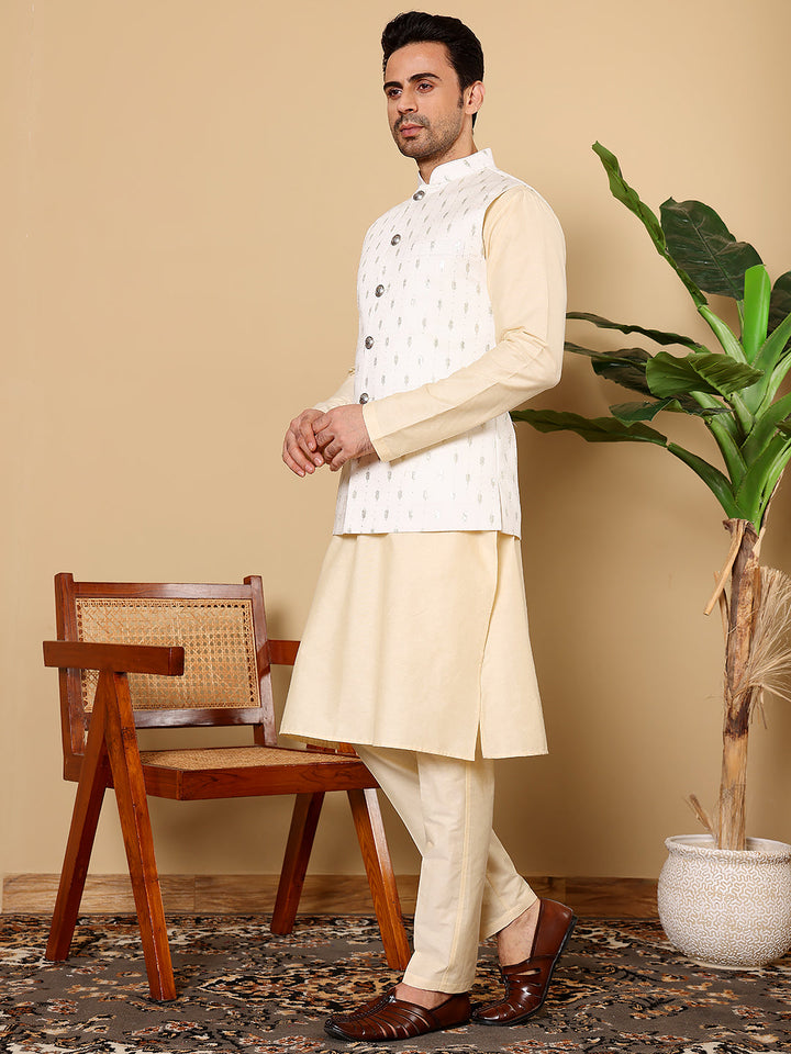 Men's Full Sleeve Cream Kurta Pyjama & White Embroidered Nehru Jacket | SHOBITAM