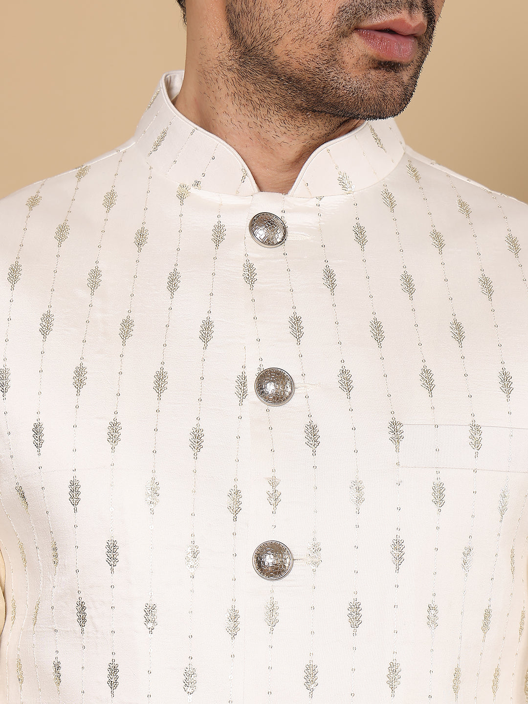 Men's Full Sleeve Cream Kurta Pyjama & White Embroidered Nehru Jacket | SHOBITAM