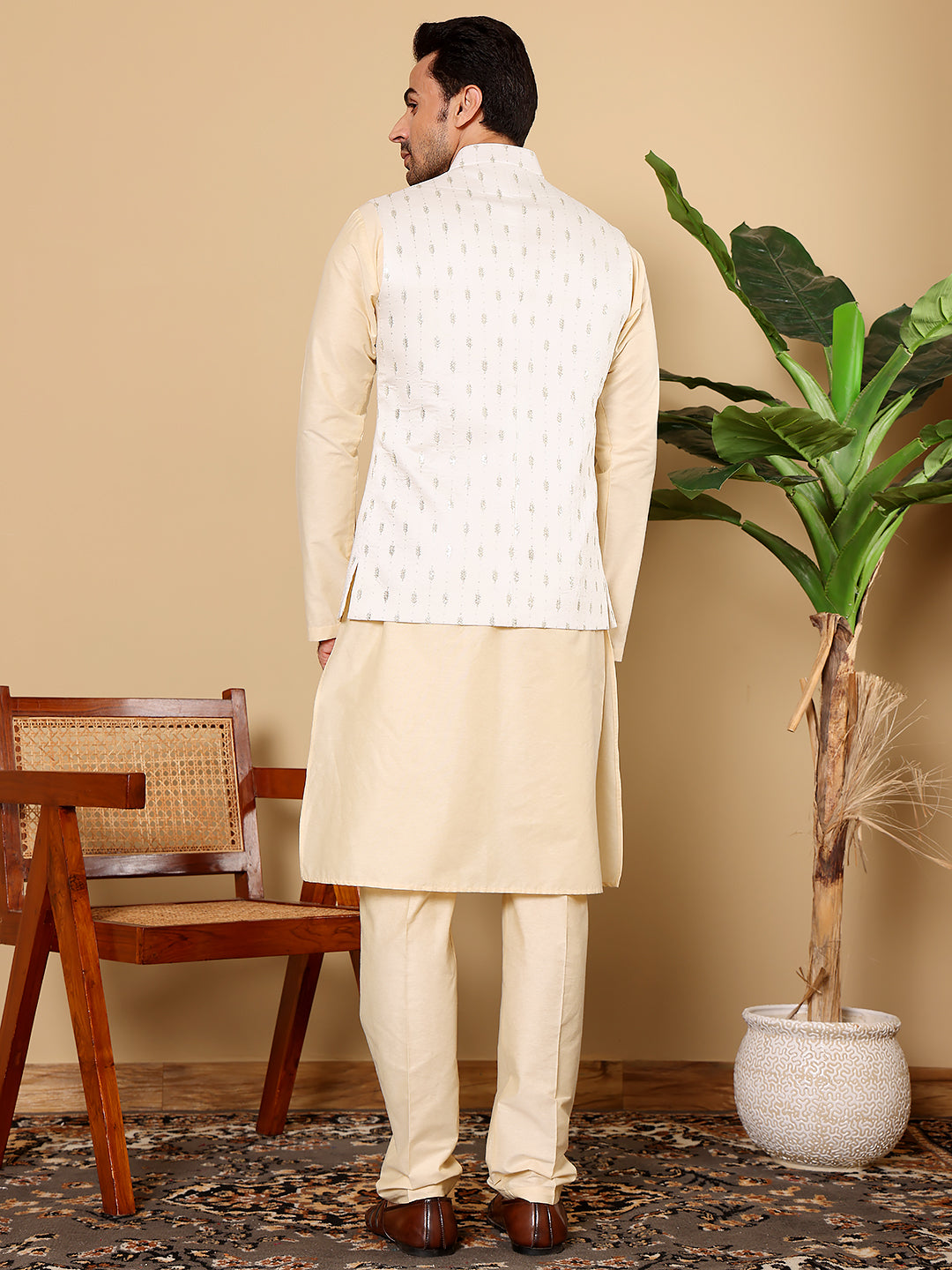 Men's Full Sleeve Cream Kurta Pyjama & White Embroidered Nehru Jacket | SHOBITAM