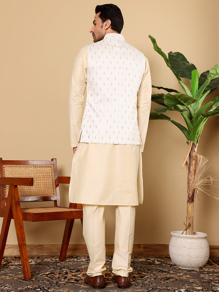 Men's Full Sleeve Cream Kurta Pyjama & White Embroidered Nehru Jacket | SHOBITAM