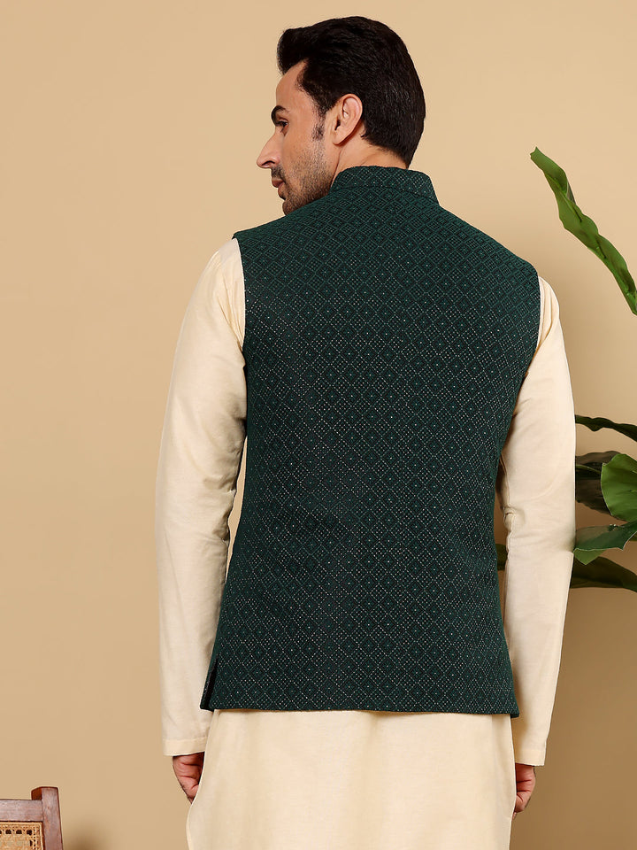 Men's Full Sleeve Cream Kurta Pyjama & Dark Green Embroidered Nehru Jacket | SHOBITAM