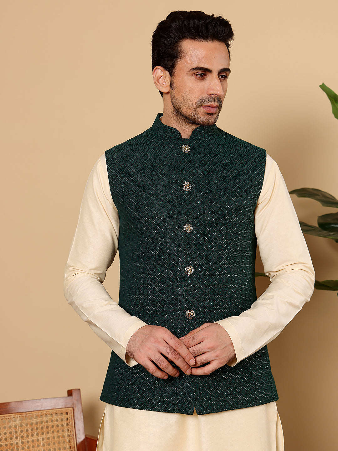Men's Full Sleeve Cream Kurta Pyjama & Dark Green Embroidered Nehru Jacket | SHOBITAM