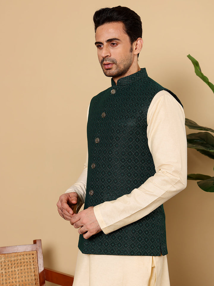 Men's Full Sleeve Cream Kurta Pyjama & Dark Green Embroidered Nehru Jacket | SHOBITAM