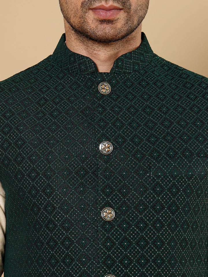 Men's Full Sleeve Cream Kurta Pyjama & Dark Green Embroidered Nehru Jacket | SHOBITAM
