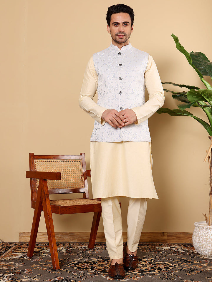 Men's Full Sleeve Cream Kurta Pyjama & Light Blue Embroidered Nehru Jacket | SHOBITAM