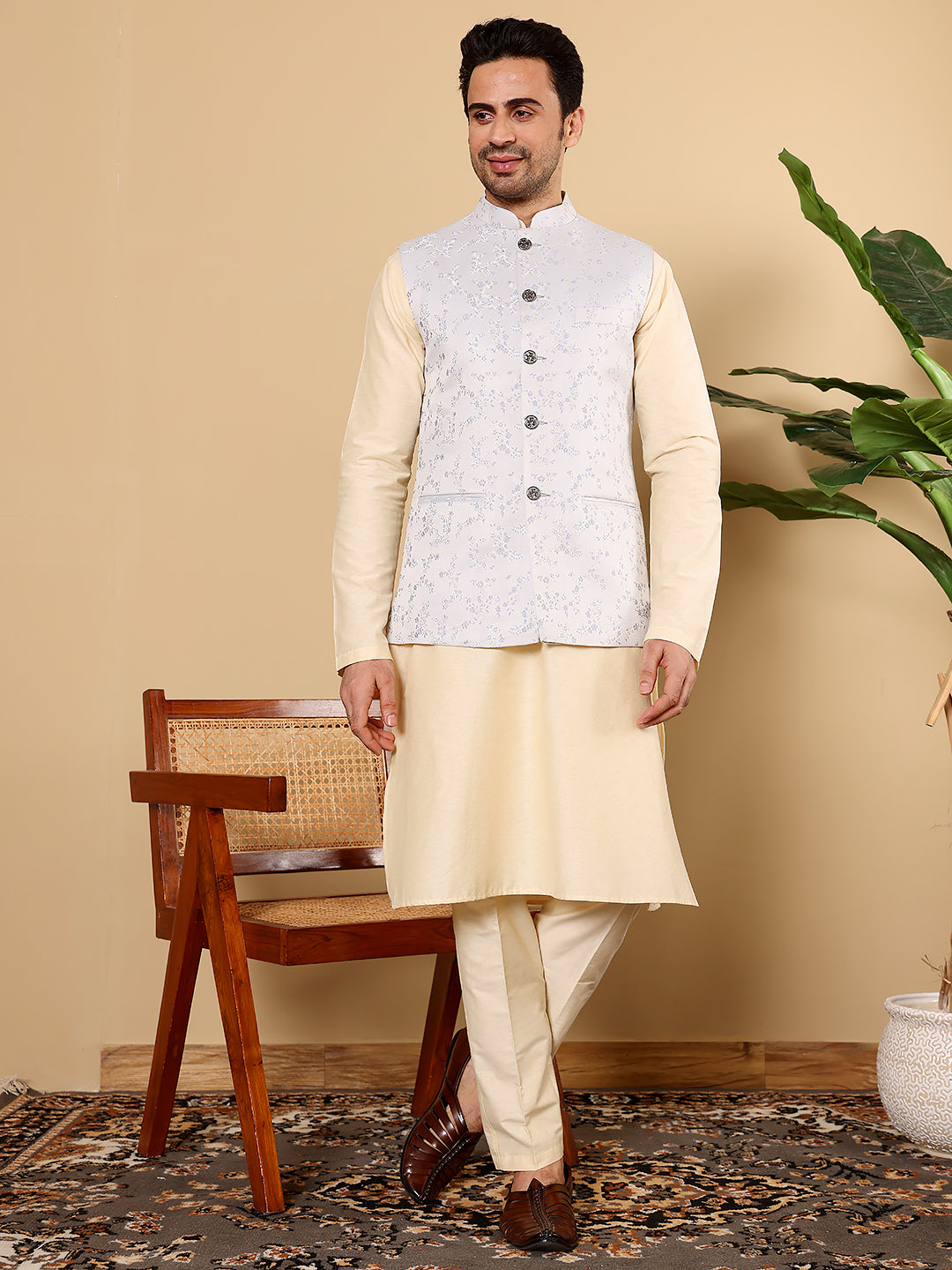 Men's Full Sleeve Cream Kurta Pyjama & Light Blue Embroidered Nehru Jacket | SHOBITAM