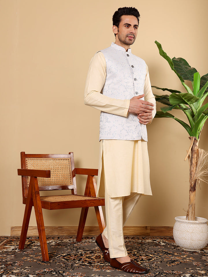 Men's Full Sleeve Cream Kurta Pyjama & Light Blue Embroidered Nehru Jacket | SHOBITAM