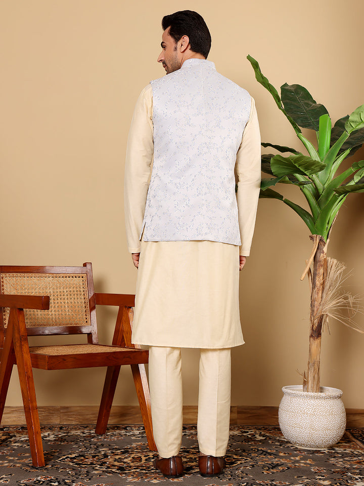 Men's Full Sleeve Cream Kurta Pyjama & Light Blue Embroidered Nehru Jacket | SHOBITAM