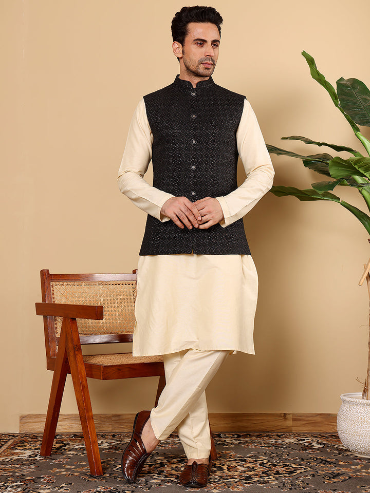 Men's Full Sleeve Cream Kurta Pyjama & Black Embroidered Nehru Jacket | SHOBITAM