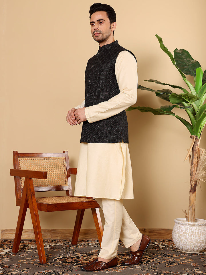 Men's Full Sleeve Cream Kurta Pyjama & Black Embroidered Nehru Jacket | SHOBITAM