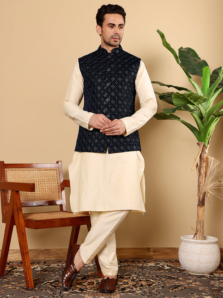 Men's Full Sleeve Cream Kurta Pyjama & Black Embroidered Nehru Jacket | SHOBITAM