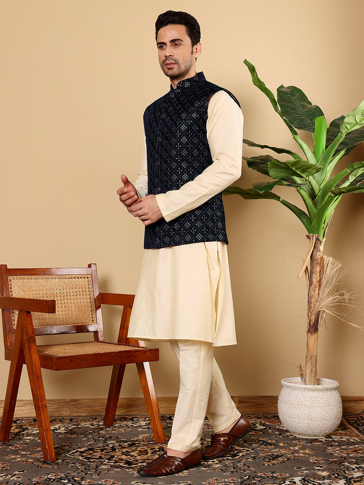 Men's Full Sleeve Cream Kurta Pyjama & Black Embroidered Nehru Jacket | SHOBITAM
