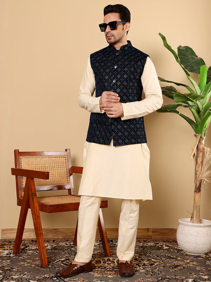 Men's Full Sleeve Cream Kurta Pyjama & Black Embroidered Nehru Jacket | SHOBITAM