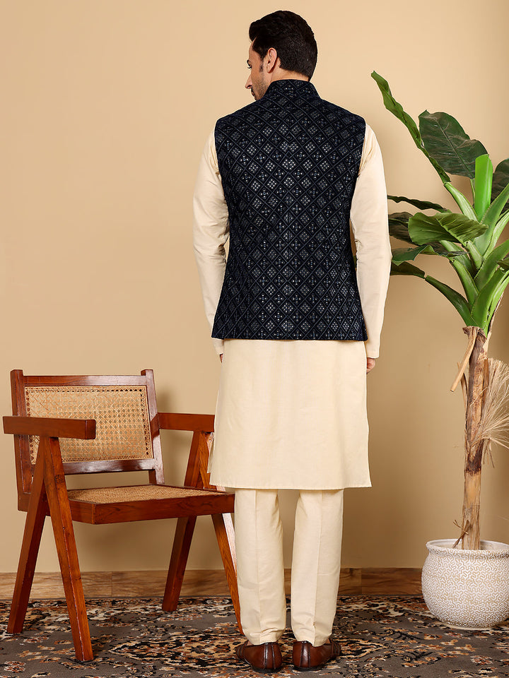 Men's Full Sleeve Cream Kurta Pyjama & Black Embroidered Nehru Jacket | SHOBITAM