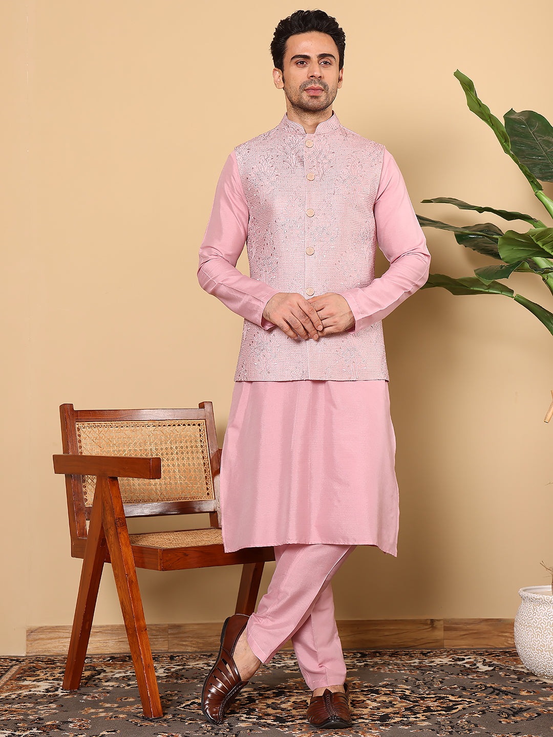 Men's Full Sleeve Pink Kurta Pyjama & Pink Embroidered Nehru Jacket | SHOBITAM