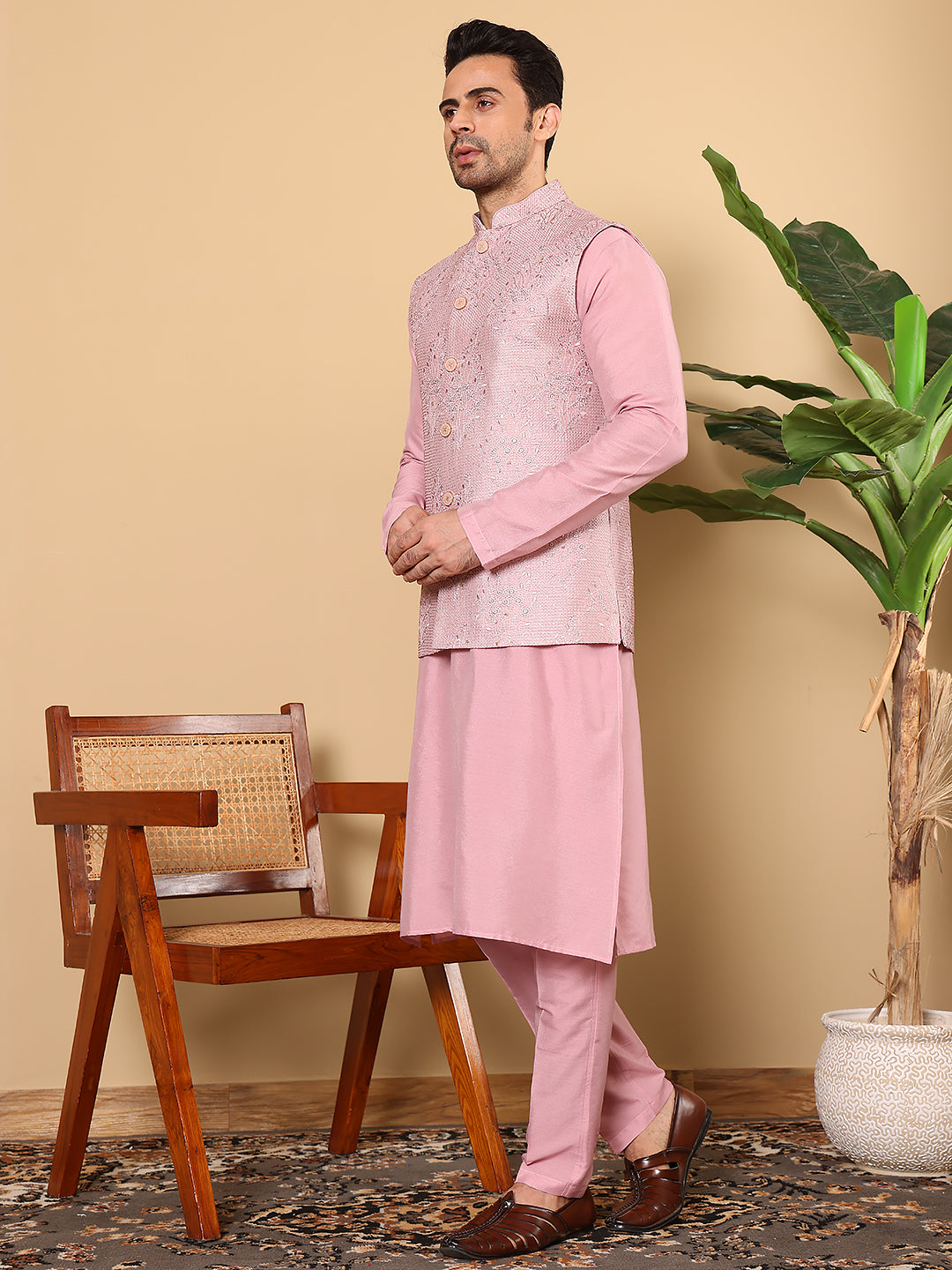 Men's Full Sleeve Pink Kurta Pyjama & Pink Embroidered Nehru Jacket | SHOBITAM