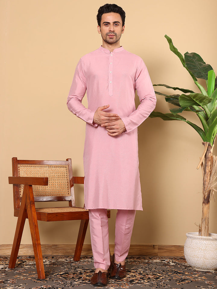 Men's Full Sleeve Pink Kurta Pyjama & Pink Embroidered Nehru Jacket | SHOBITAM