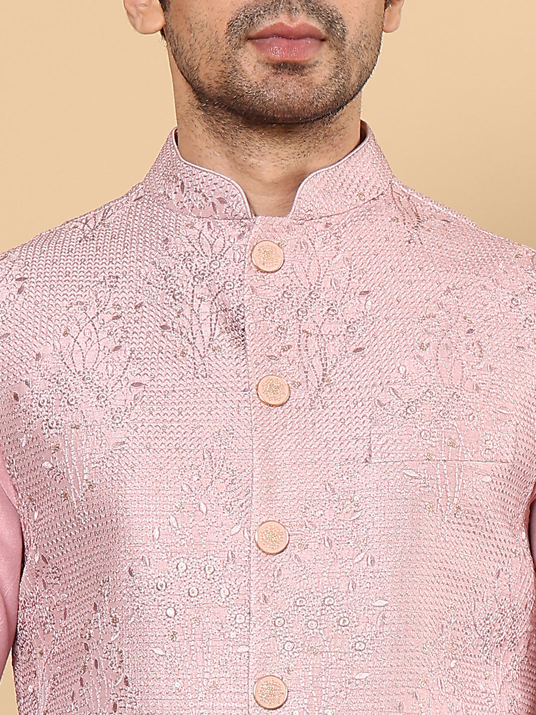 Men's Full Sleeve Pink Kurta Pyjama & Pink Embroidered Nehru Jacket | SHOBITAM