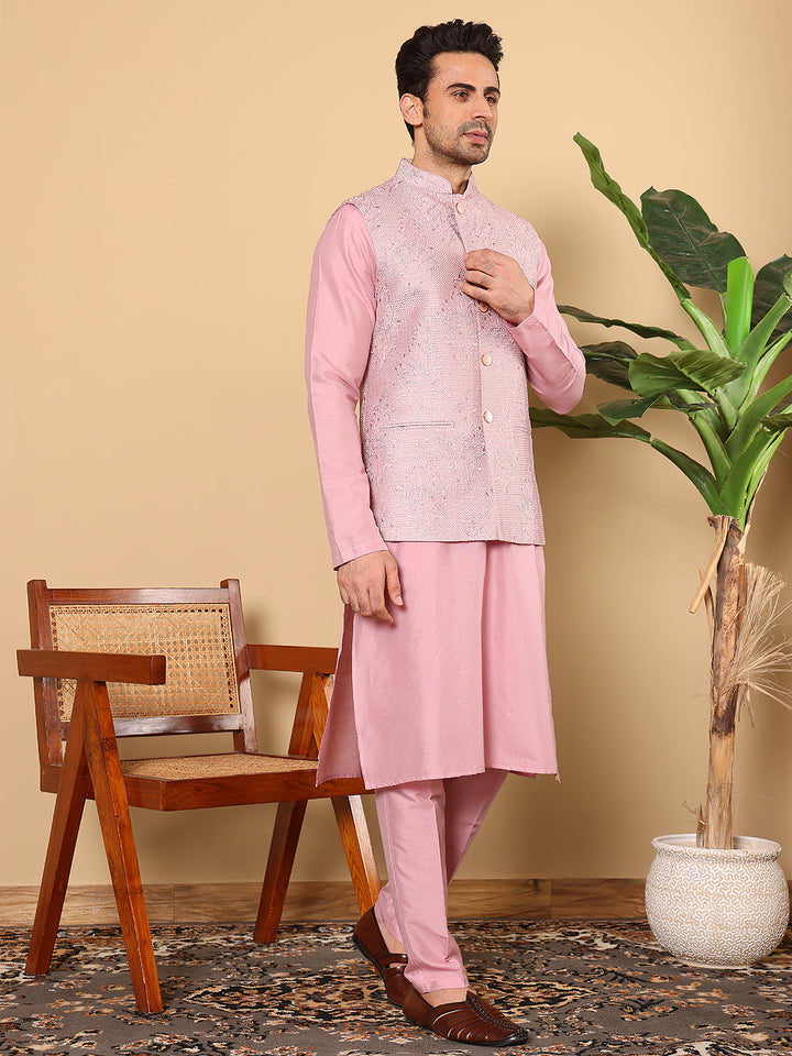 Men's Full Sleeve Pink Kurta Pyjama & Pink Embroidered Nehru Jacket | SHOBITAM
