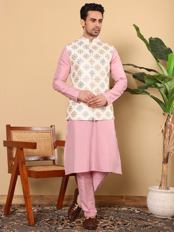 Men's Full Sleeve Pink Kurta Pyjama & White Embroidered Nehru Jacket | SHOBITAM
