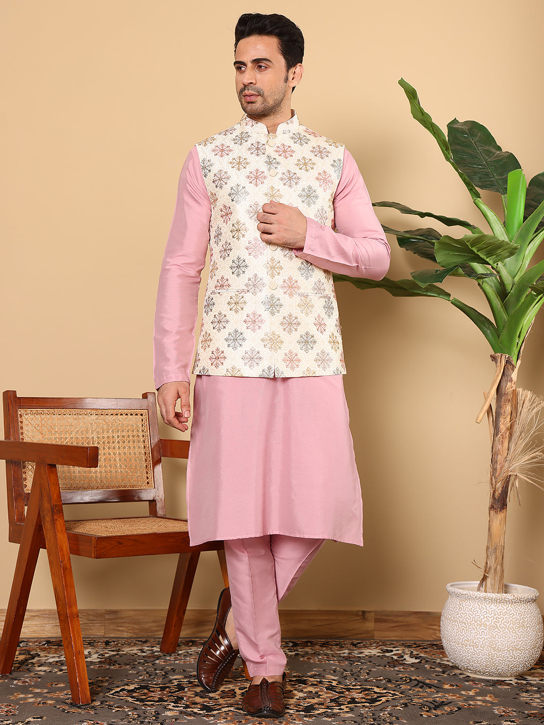 Men's Full Sleeve Pink Kurta Pyjama & White Embroidered Nehru Jacket | SHOBITAM