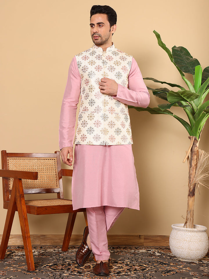 Men's Full Sleeve Pink Kurta Pyjama & White Embroidered Nehru Jacket | SHOBITAM