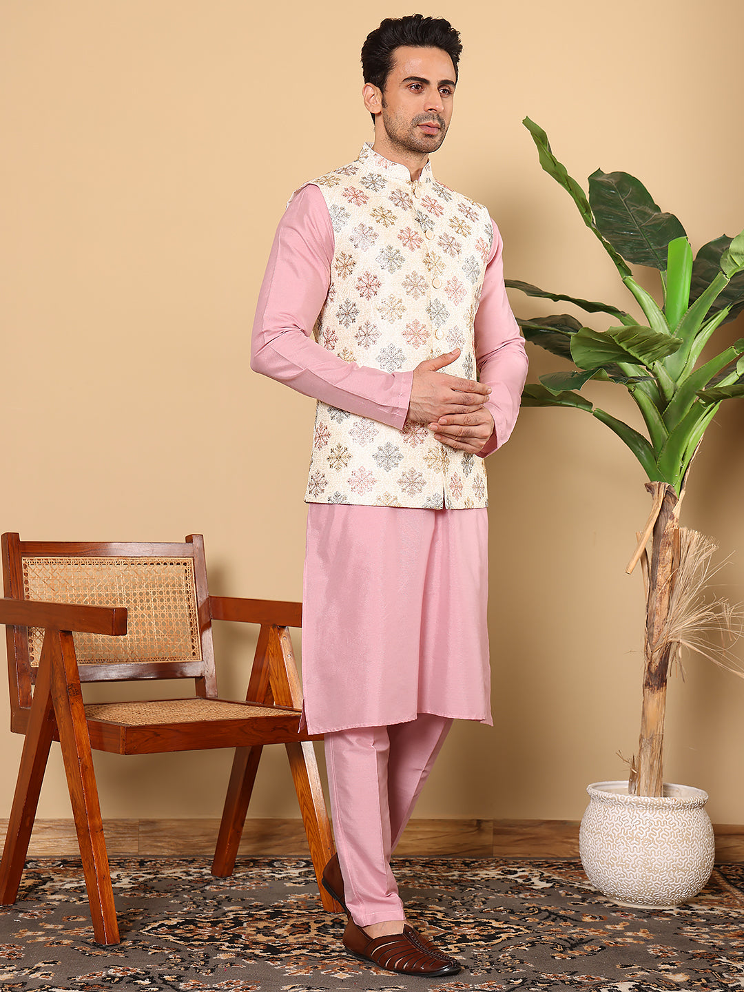 Men's Full Sleeve Pink Kurta Pyjama & White Embroidered Nehru Jacket | SHOBITAM