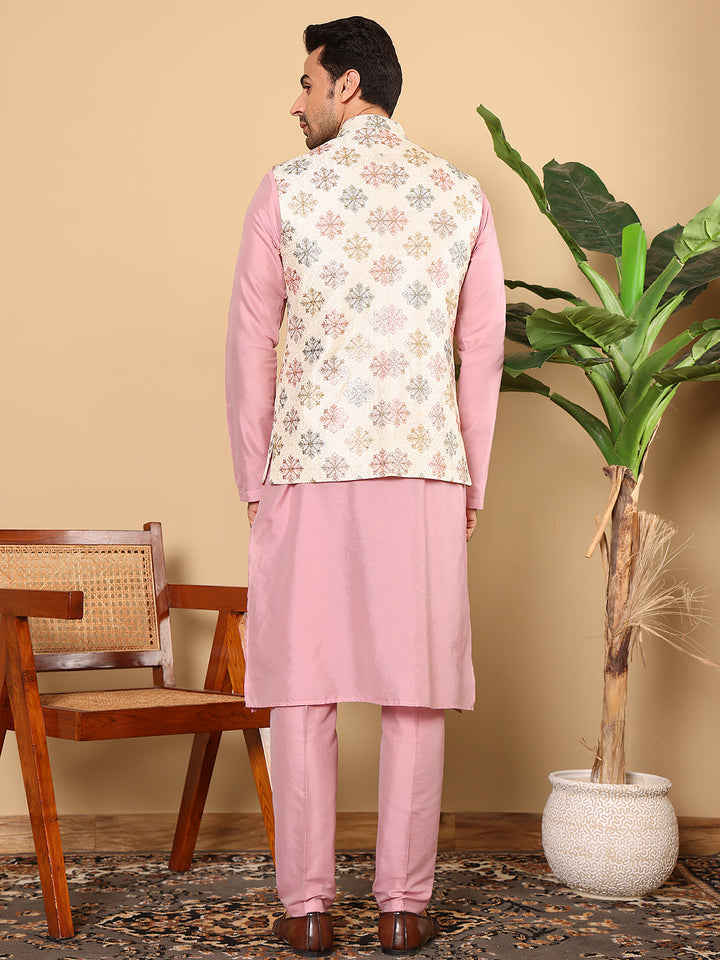 Men's Full Sleeve Pink Kurta Pyjama & White Embroidered Nehru Jacket | SHOBITAM