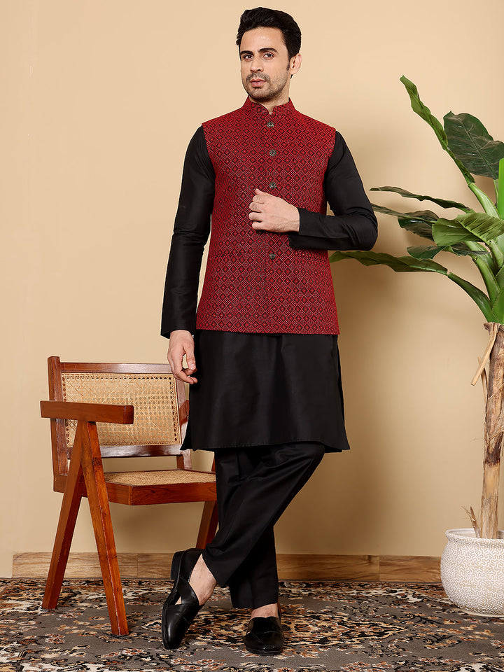 Men's Full Sleeve Black Kurta Pyjama & Red Embroidered Nehru Jacket | SHOBITAM