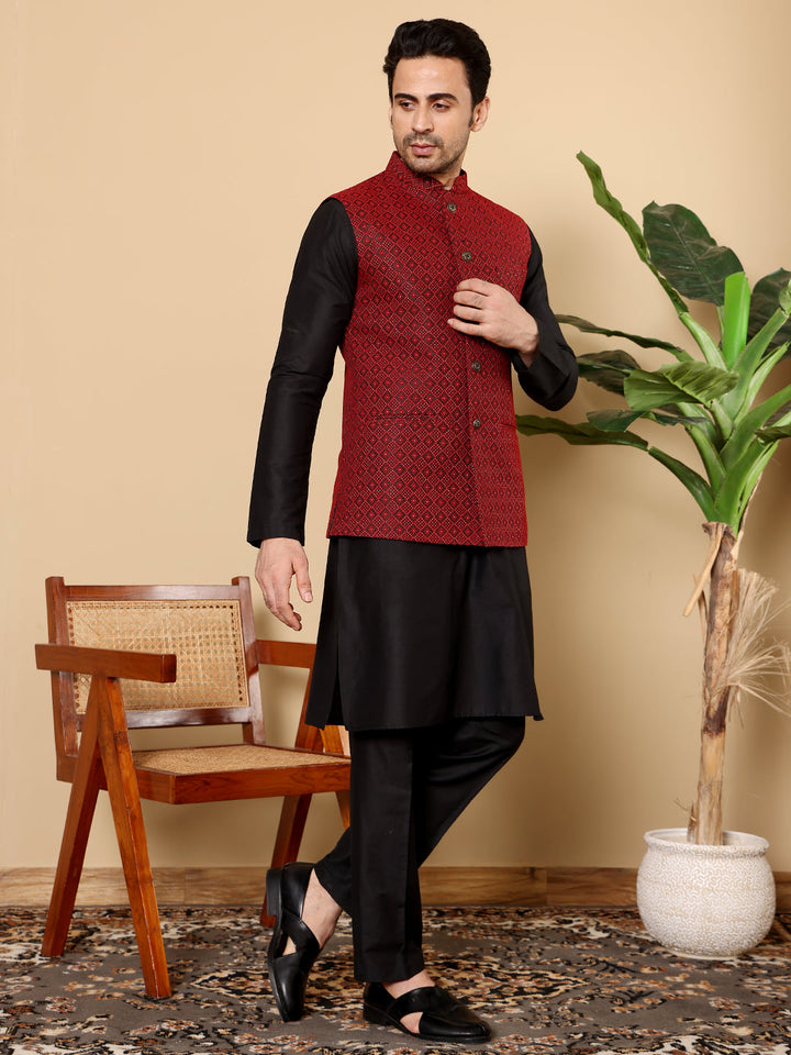 Men's Full Sleeve Black Kurta Pyjama & Red Embroidered Nehru Jacket | SHOBITAM