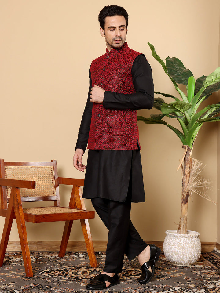 Men's Full Sleeve Black Kurta Pyjama & Red Embroidered Nehru Jacket | SHOBITAM