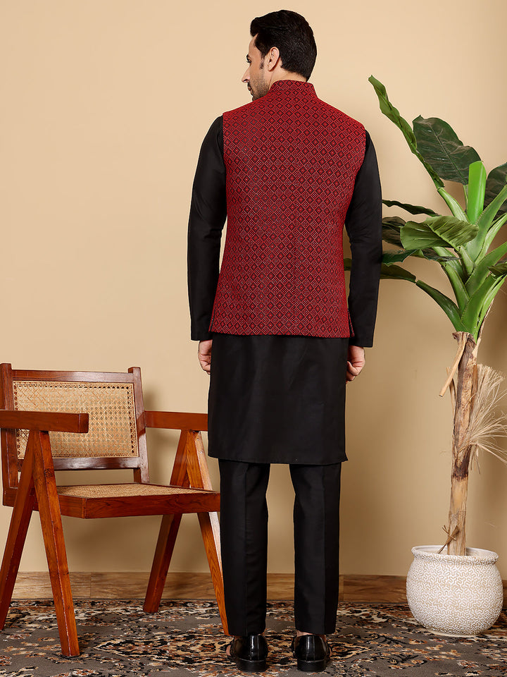 Men's Full Sleeve Black Kurta Pyjama & Red Embroidered Nehru Jacket | SHOBITAM