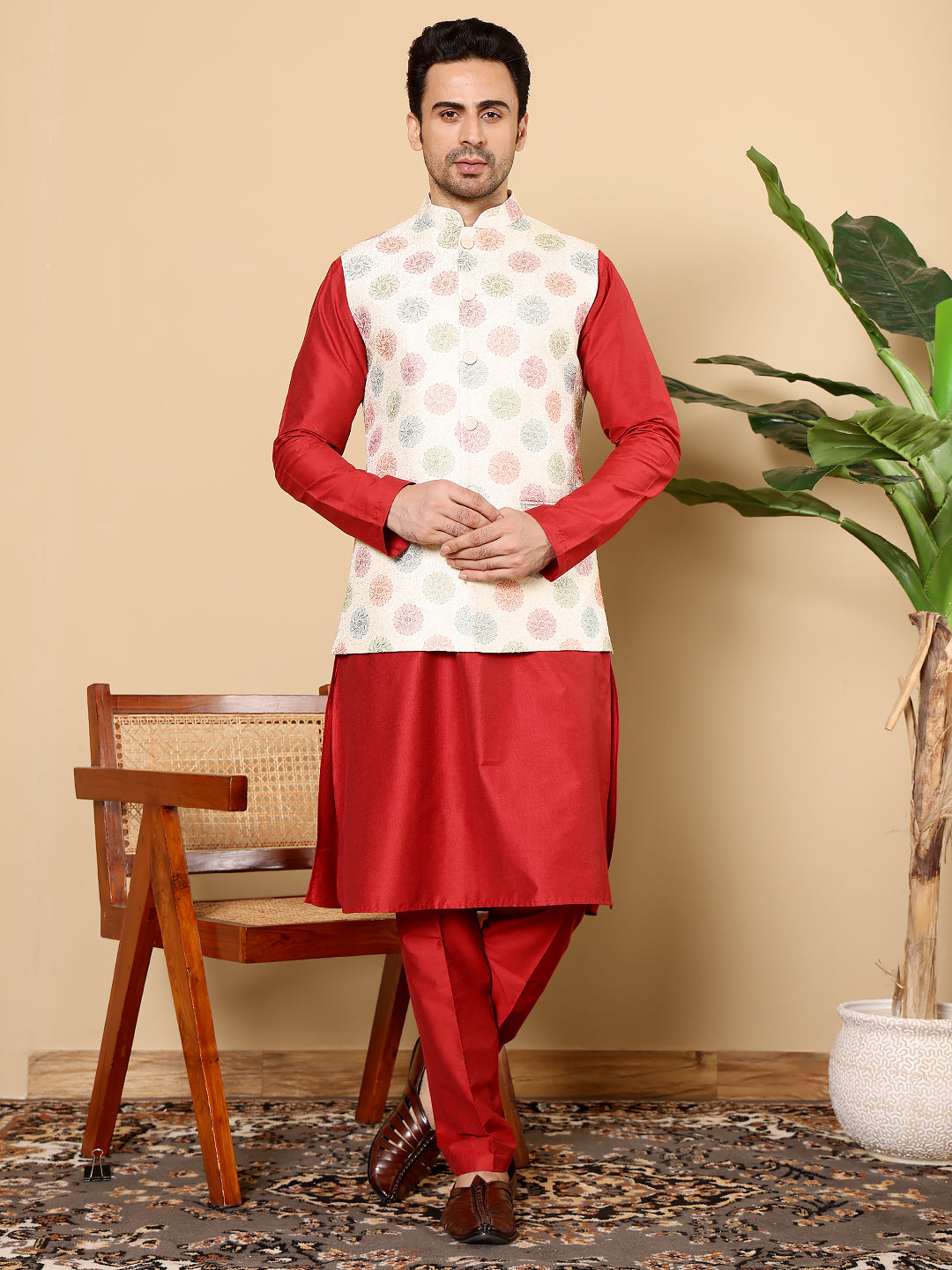 Men's Full Sleeve Red Kurta Pyjama & White Embroidered Nehru Jacket | SHOBITAM