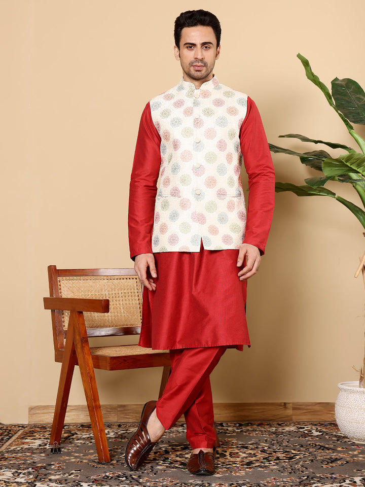 Men's Full Sleeve Red Kurta Pyjama & White Embroidered Nehru Jacket | SHOBITAM