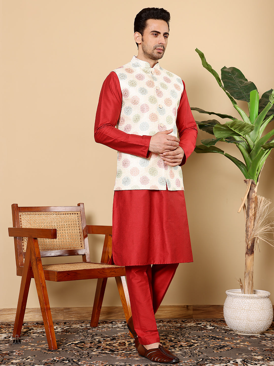 Men's Full Sleeve Red Kurta Pyjama & White Embroidered Nehru Jacket | SHOBITAM